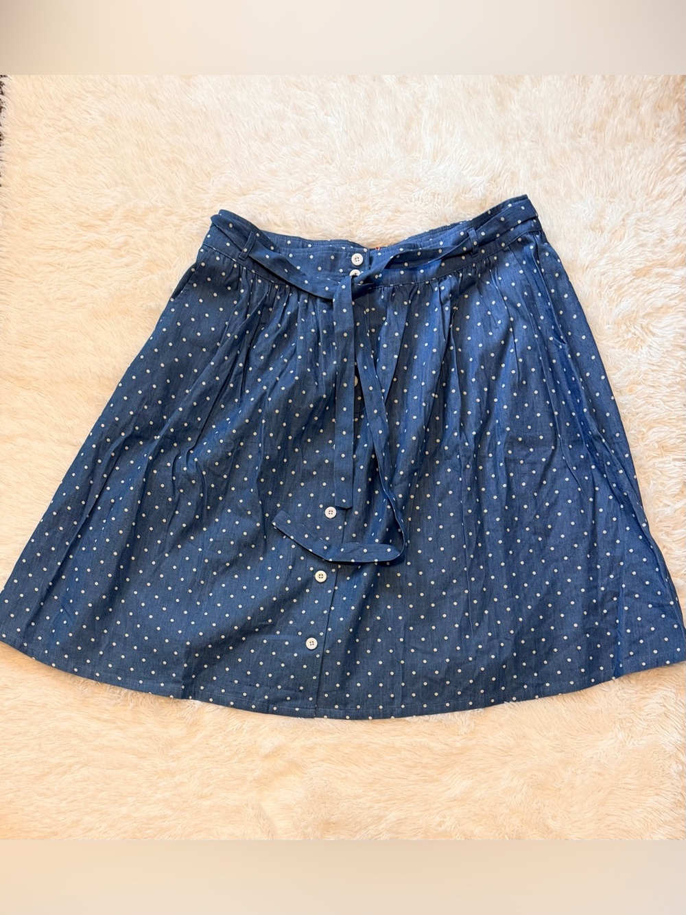 ModCloth "Park Bench Artistry" Blue Polka Dot Chambray A-Line Skirt